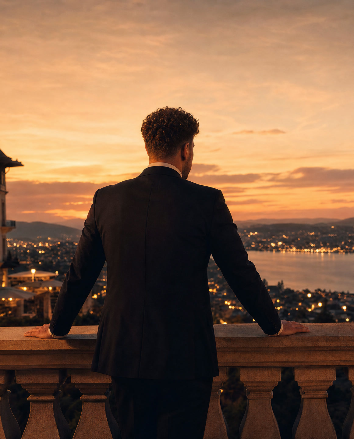 At the balustrade, dusk over Zürich